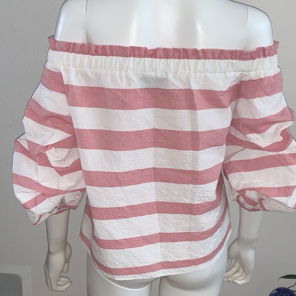 ALEXIS *Juneau* pink white stripe off shoulder puff sleeve top S - Picture 4 of 6
